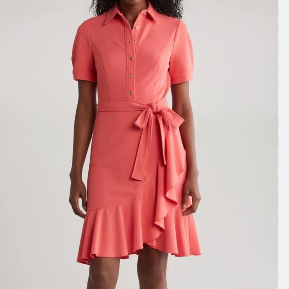 Tommy Hilfiger Short Sleeve Asymmetrical Coral‎ Ruffle Dress Sz 14